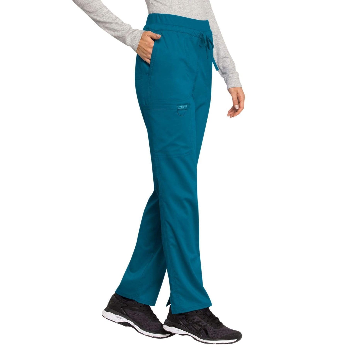 Cherokee Scrubs Pants Cherokee Workwear Revolution WW105 Scrubs Pants Women's Mid Rise Tapered Leg Drawstring Caribbean Blue