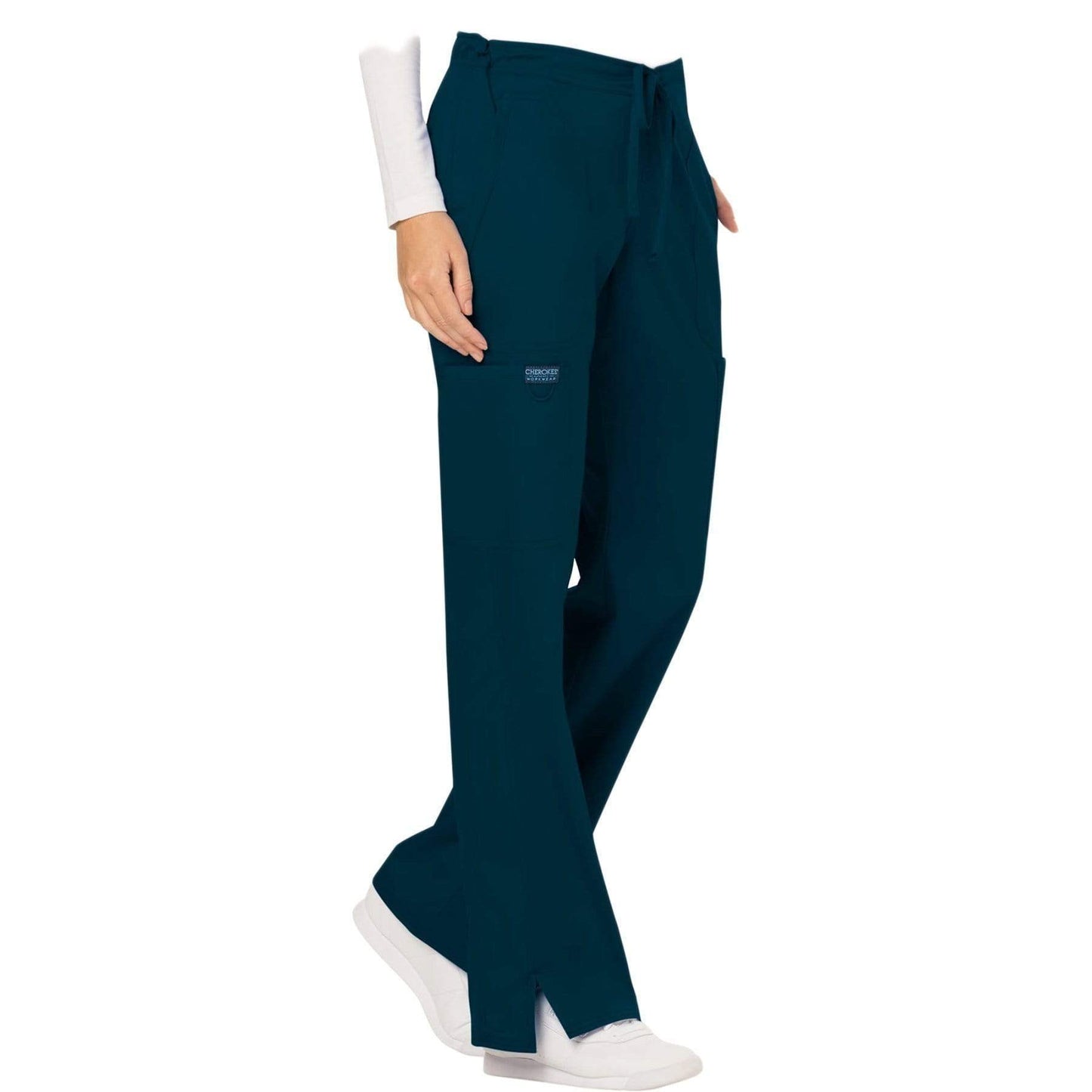 Cherokee Scrubs Pants Cherokee Workwear Revolution WW120 Scrubs Pants Women's Mid Rise Flare Drawstring Caribbean Blue
