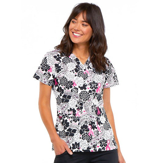 Cherokee CK616 Paisley Love Scrubs Top Breast Cancer Awareness
