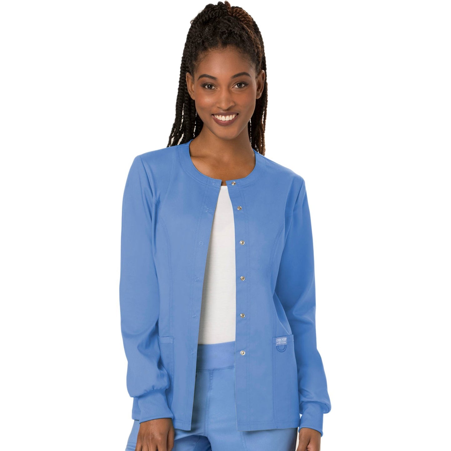 Cherokee Workwear Revolution WW310 Scrubs Jacket Women's Snap Front Warm-up Ceil Blue