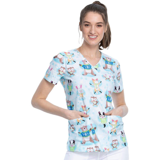 Cherokee Top 2XL Cherokee Winter CK614 Scrubs Top Women Woodland Snow Angels