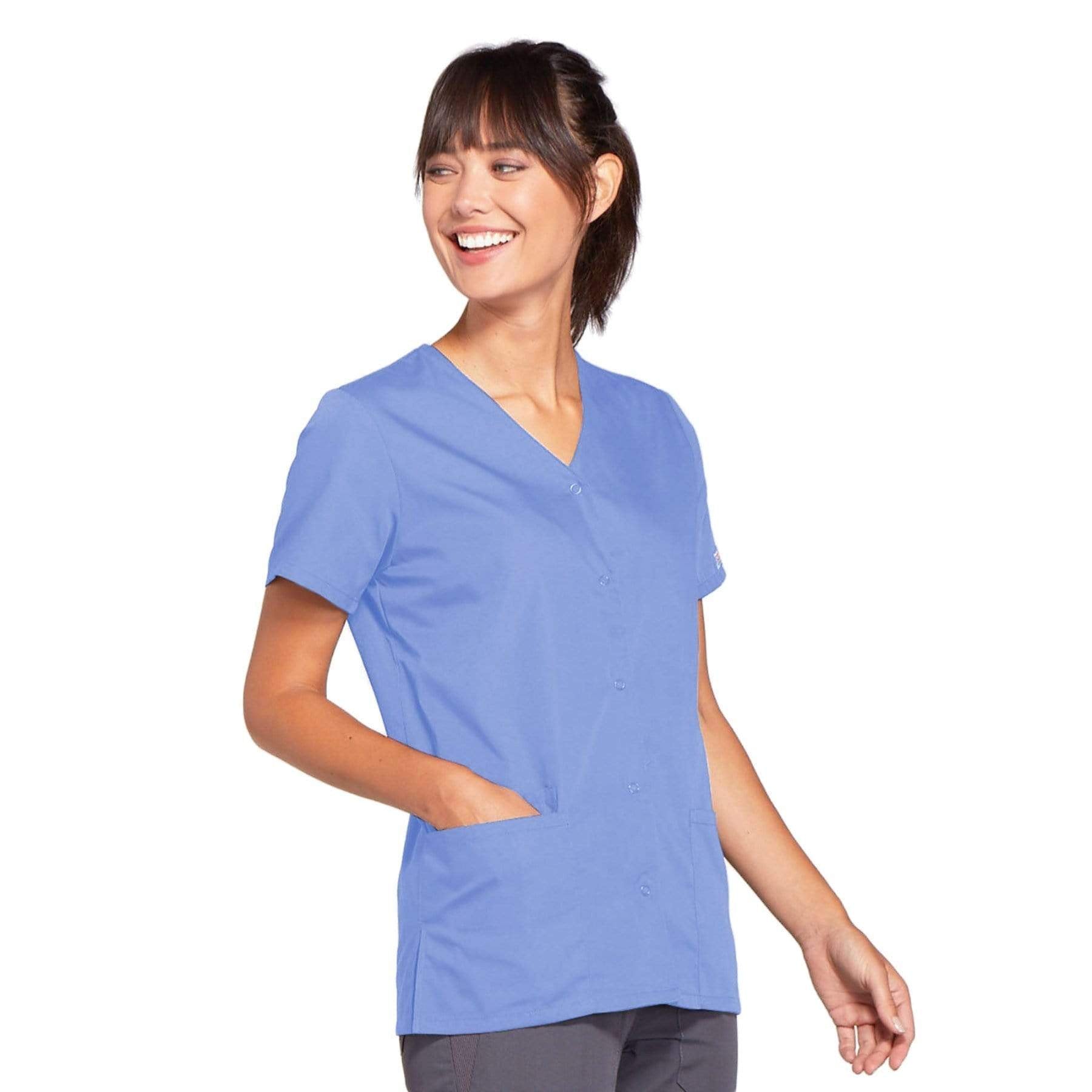 Cherokee Scrubs Top Cherokee Workwear 4770 Scrubs Top Women's Snap Front V-Neck Ceil Blue