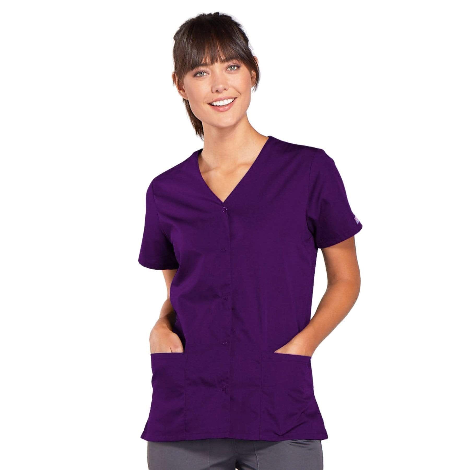 Cherokee Scrubs Top 2XL Cherokee Workwear 4770 Scrubs Top Women's Snap Front V-Neck Eggplant