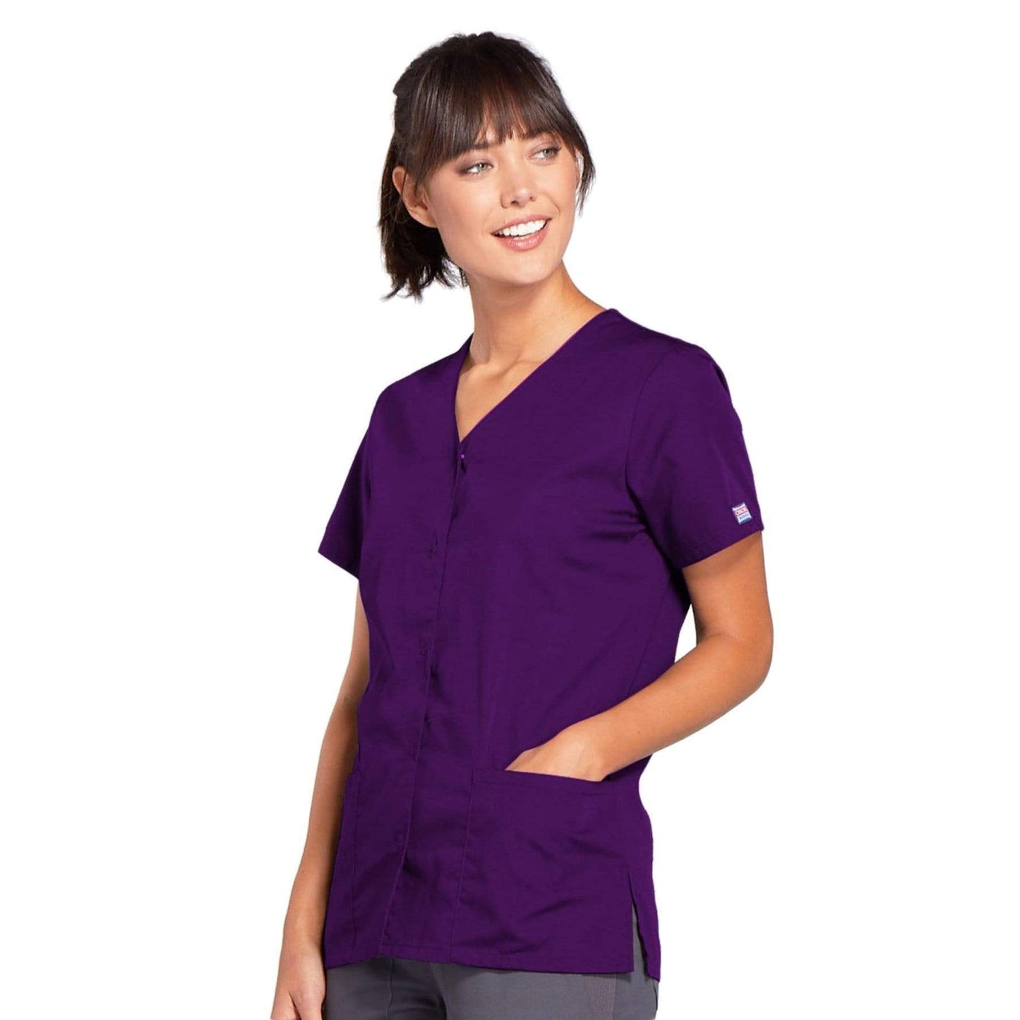 Cherokee Scrubs Top Cherokee Workwear 4770 Scrubs Top Women's Snap Front V-Neck Eggplant