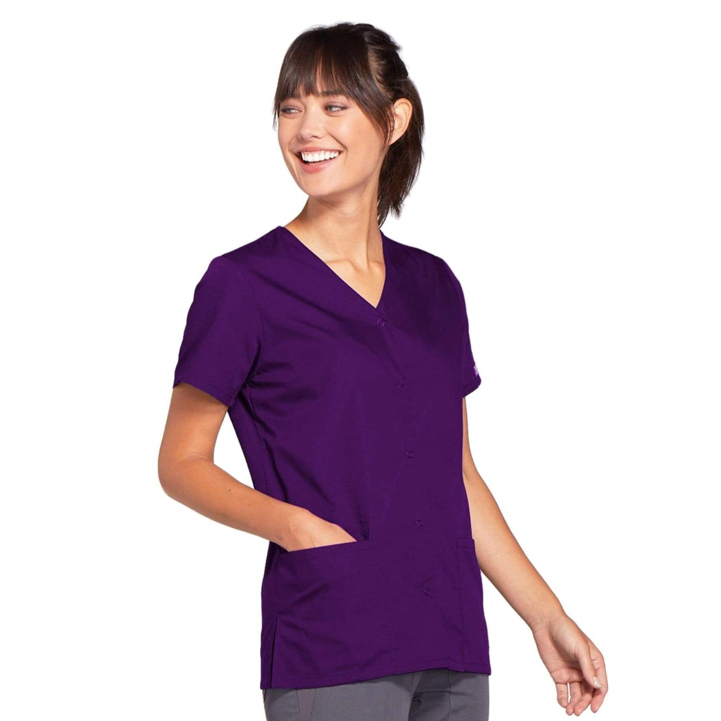 Cherokee Scrubs Top Cherokee Workwear 4770 Scrubs Top Women's Snap Front V-Neck Eggplant