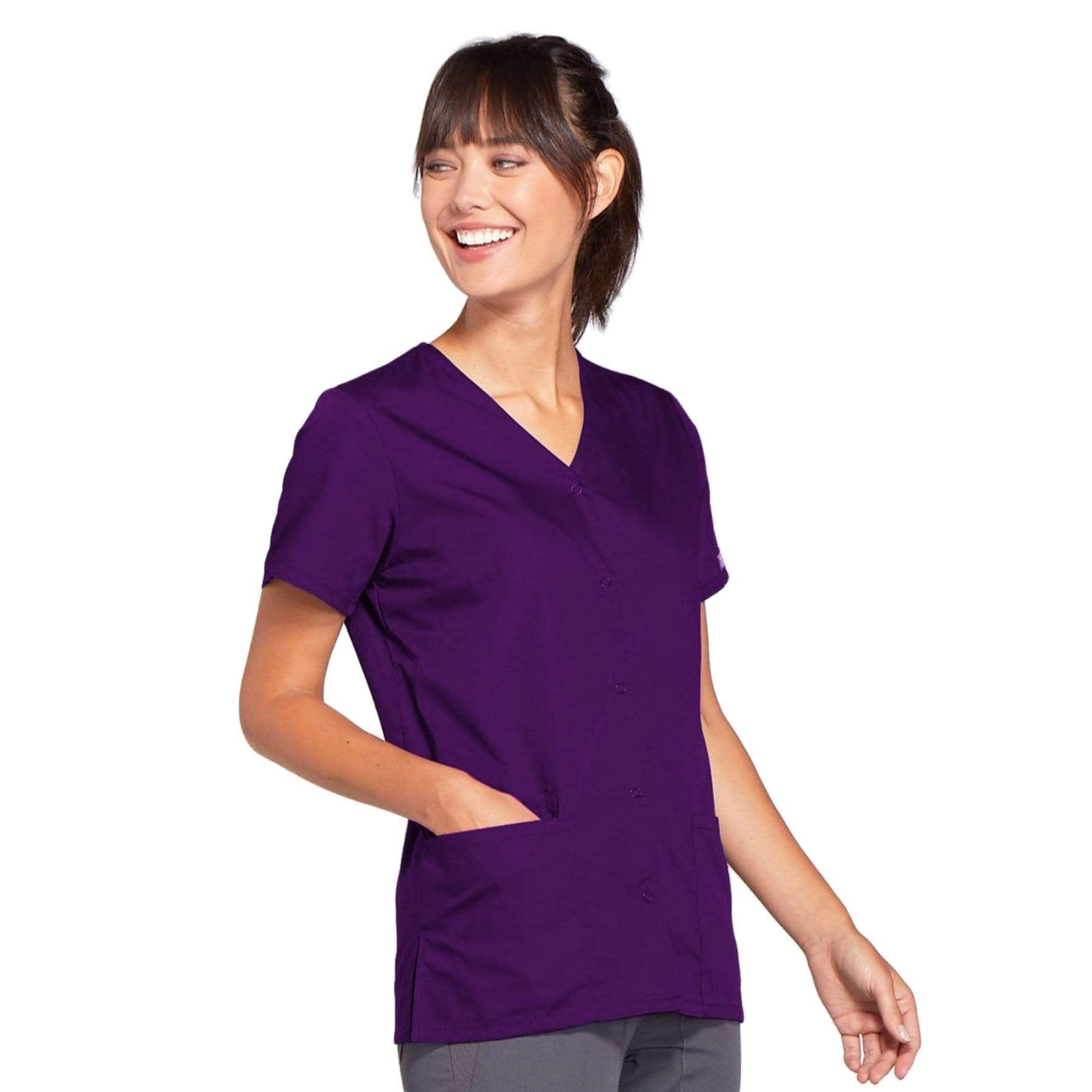 Cherokee Scrubs Top Cherokee Workwear 4770 Scrubs Top Women's Snap Front V-Neck Eggplant