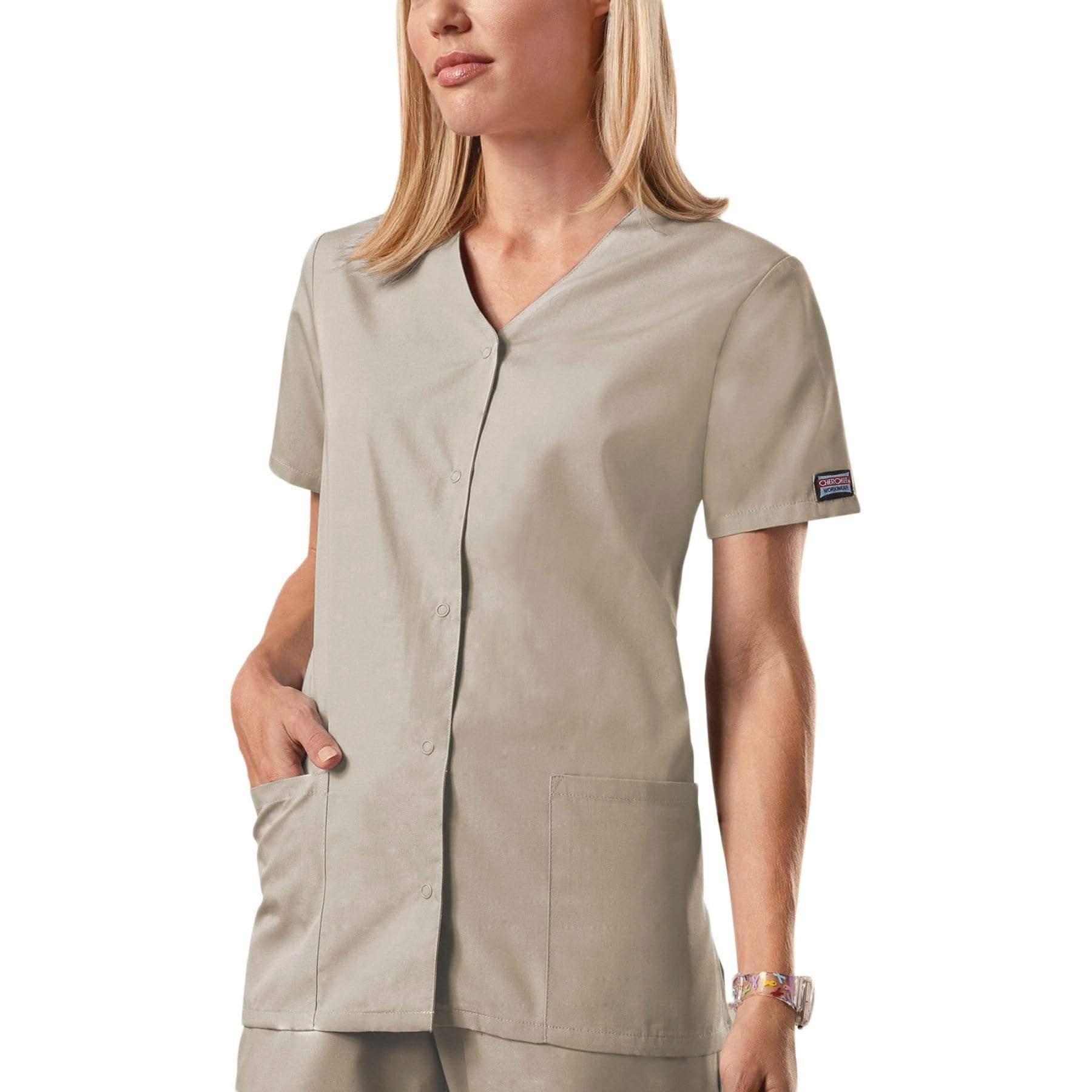 Cherokee Scrubs Top Cherokee Workwear 4770 Scrubs Top Women's Snap Front V-Neck Khaki