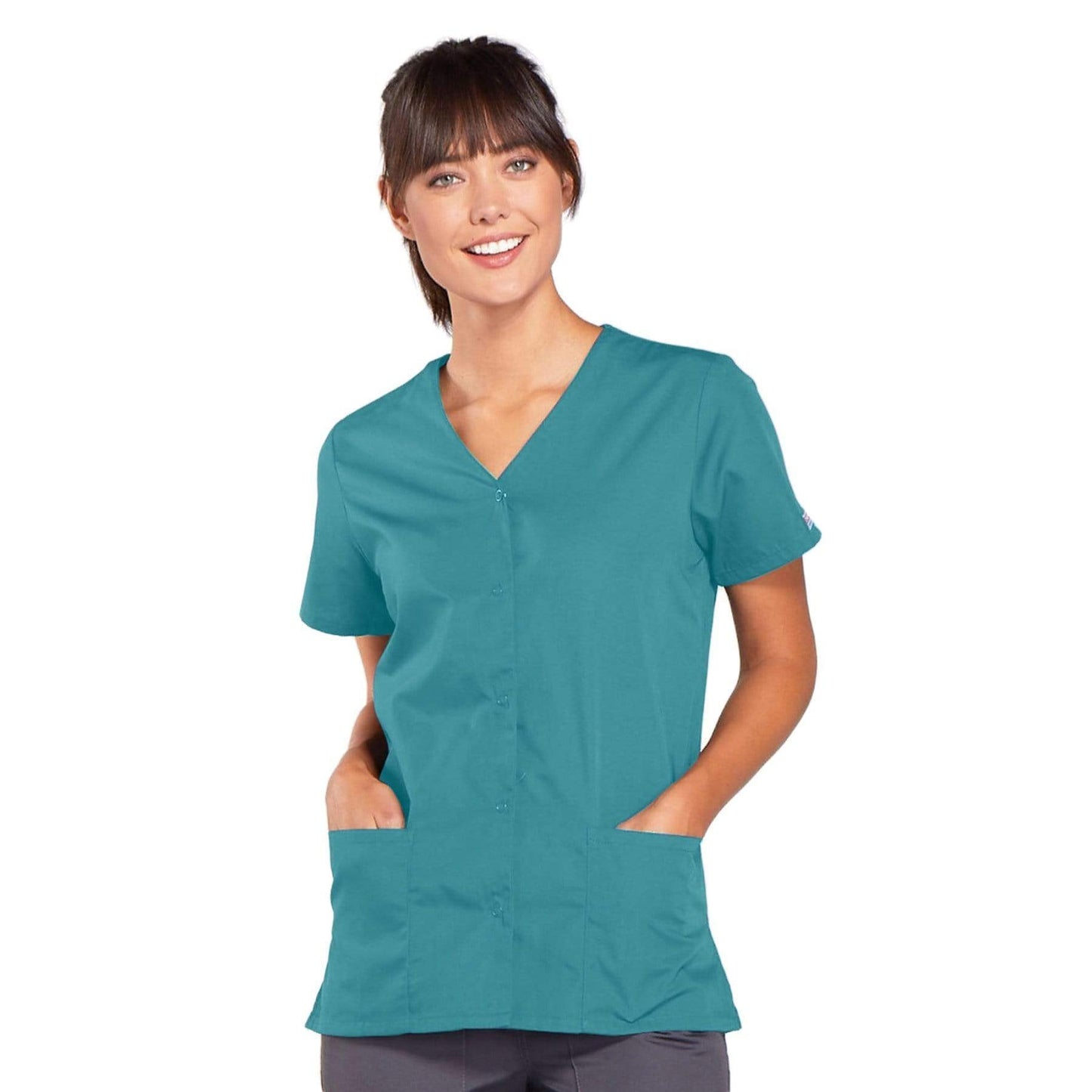 Cherokee Scrubs Top 2XL Cherokee Workwear 4770 Scrubs Top Women's Snap Front V-Neck Teal Blue