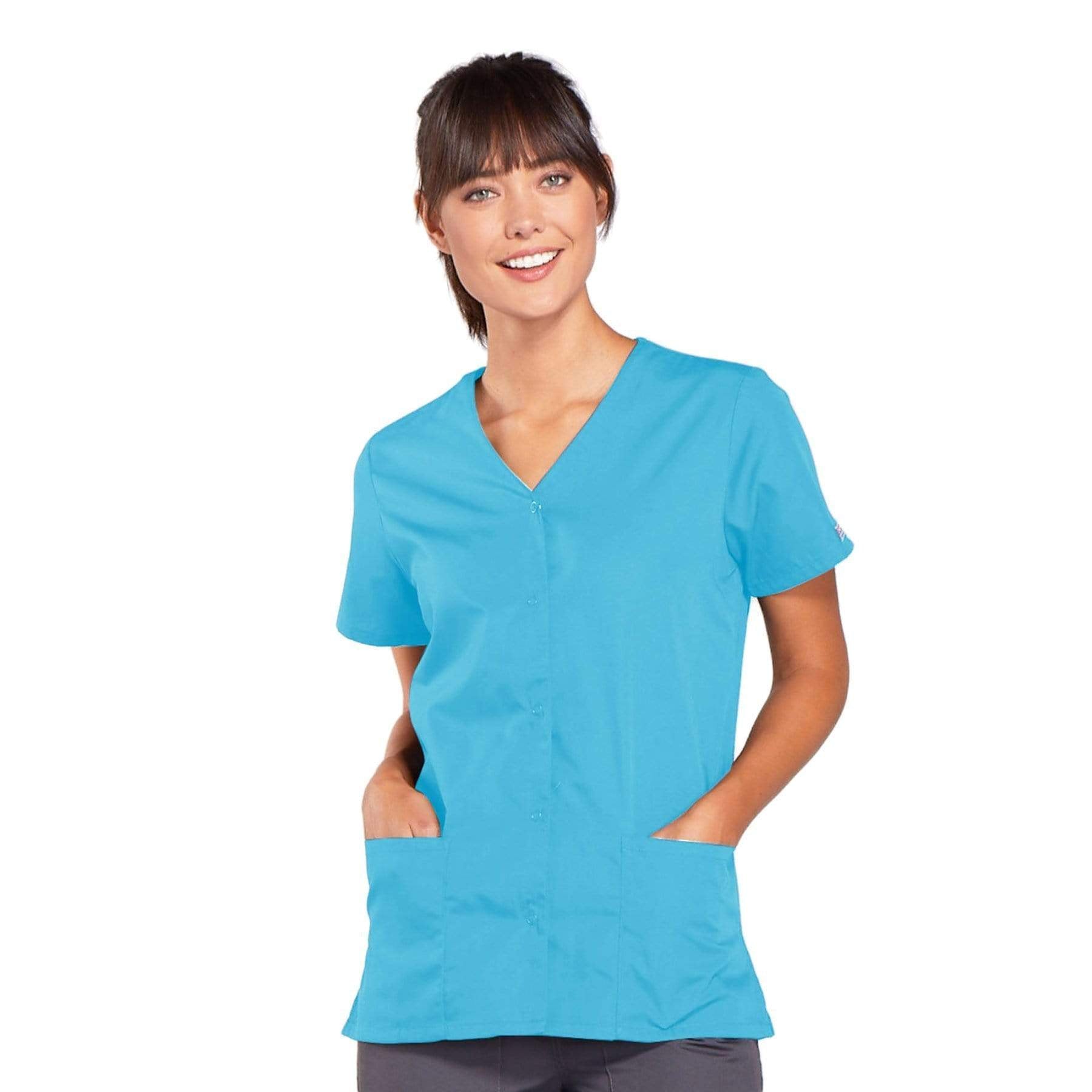 Cherokee Scrubs Top 2XL Cherokee Workwear 4770 Scrubs Top Women's Snap Front V-Neck Turquoise