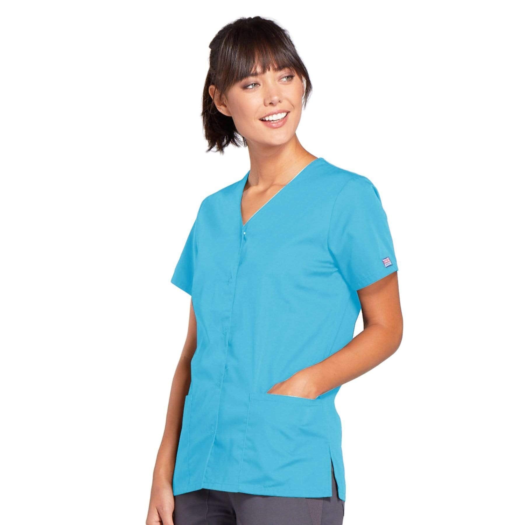 Cherokee Scrubs Top Cherokee Workwear 4770 Scrubs Top Women's Snap Front V-Neck Turquoise