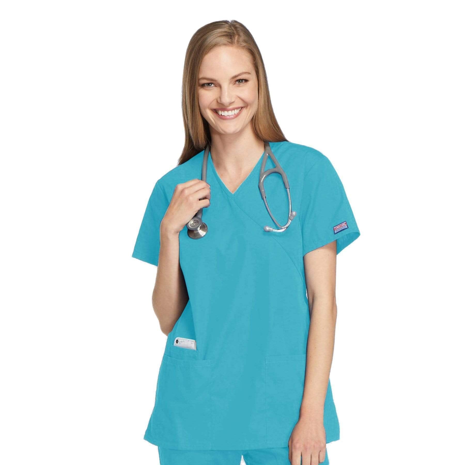 Cherokee Scrubs Top 2XL Cherokee Workwear 4801 Scrubs Top Women's Mock Wrap Tunic Turquoise