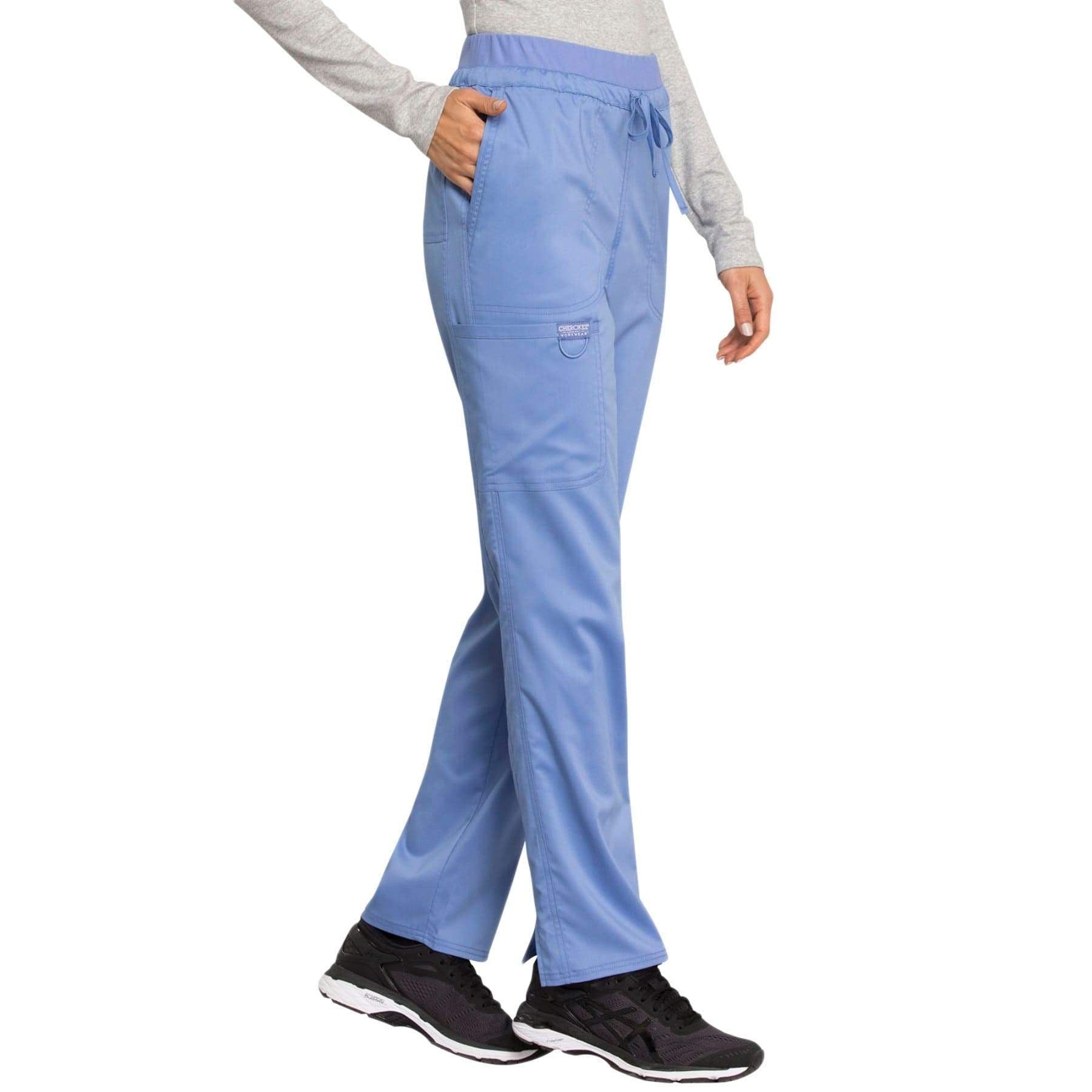 Cherokee Scrubs Pants Cherokee Workwear Revolution WW105 Scrubs Pants Women's Mid Rise Tapered Leg Drawstring Ceil Blue