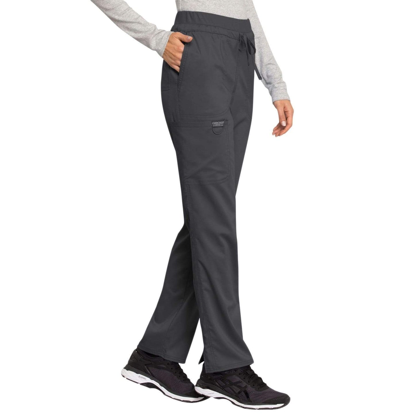 Cherokee Scrubs Pants Cherokee Workwear Revolution WW105 Scrubs Pants Women's Mid Rise Tapered Leg Drawstring Pewter