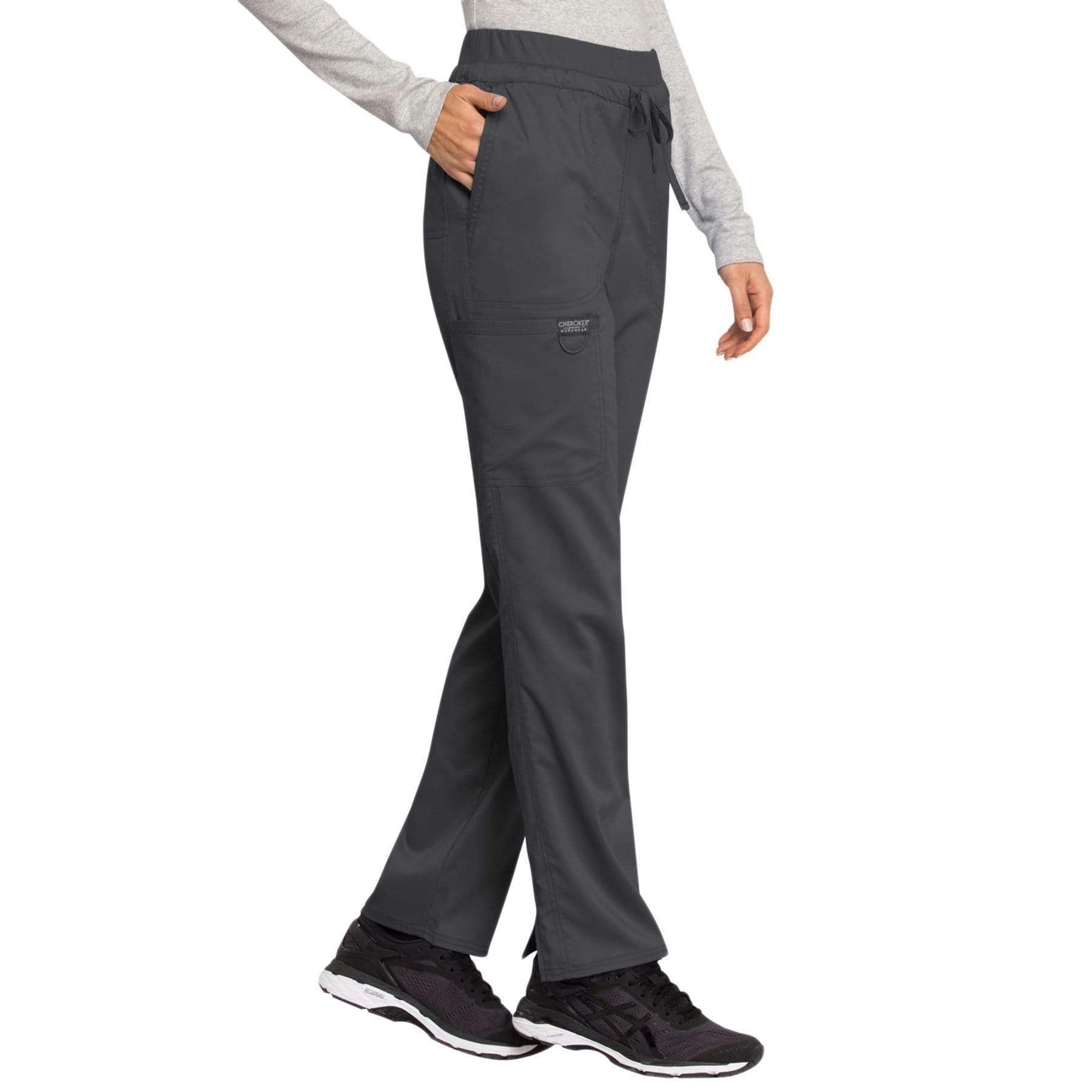 Cherokee Scrubs Pants Cherokee Workwear Revolution WW105 Scrubs Pants Women's Mid Rise Tapered Leg Drawstring Pewter