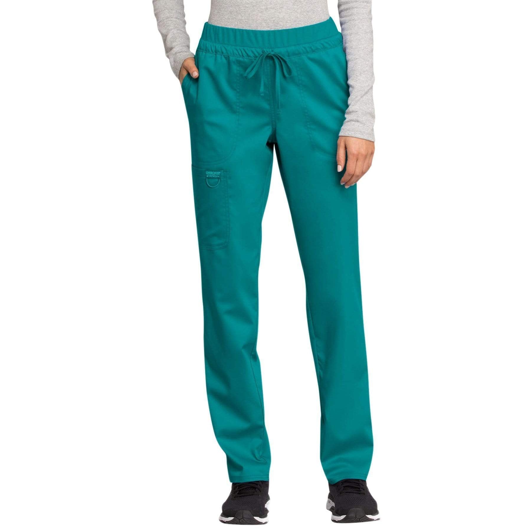 Cherokee Scrubs Pants 2XL / Regular Length Cherokee Workwear Revolution WW105 Scrubs Pants Women's Mid Rise Tapered Leg Drawstring Teal Blue