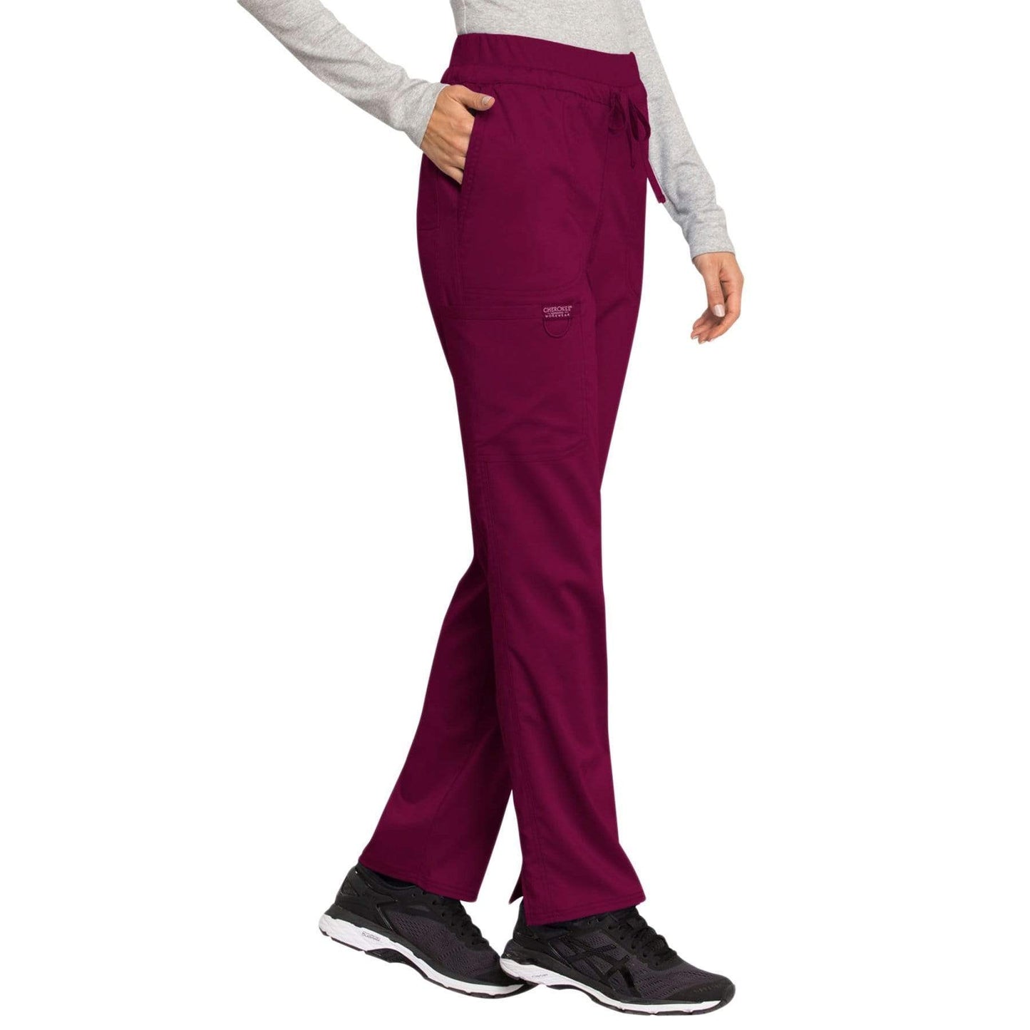 Cherokee Scrubs Pants Cherokee Workwear Revolution WW105 Scrubs Pants Women's Mid Rise Tapered Leg Drawstring Wine
