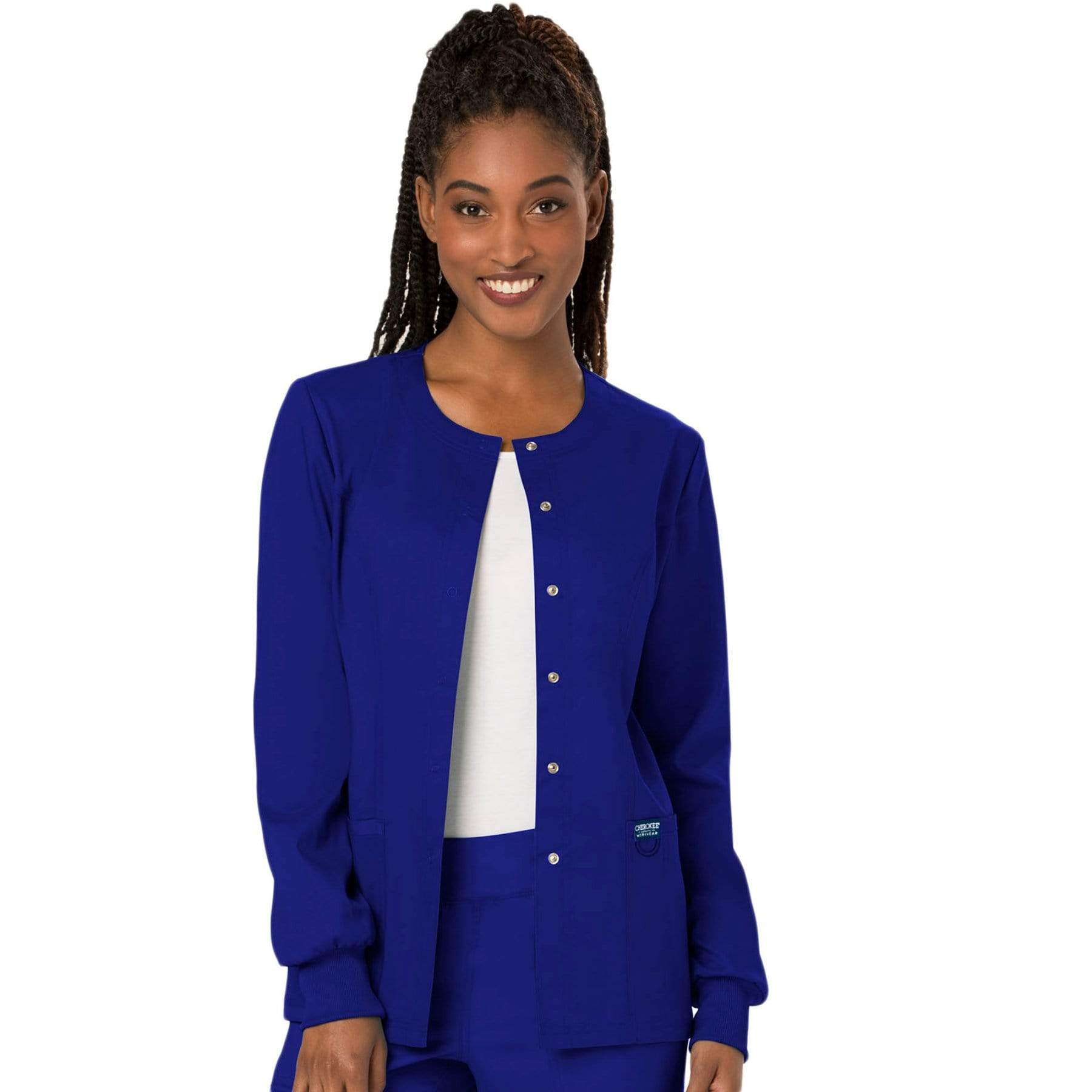 Cherokee Scrubs Jacket Cherokee Workwear Revolution WW310 Scrubs Jacket Women's Snap Front Warm-up Galaxy Blue