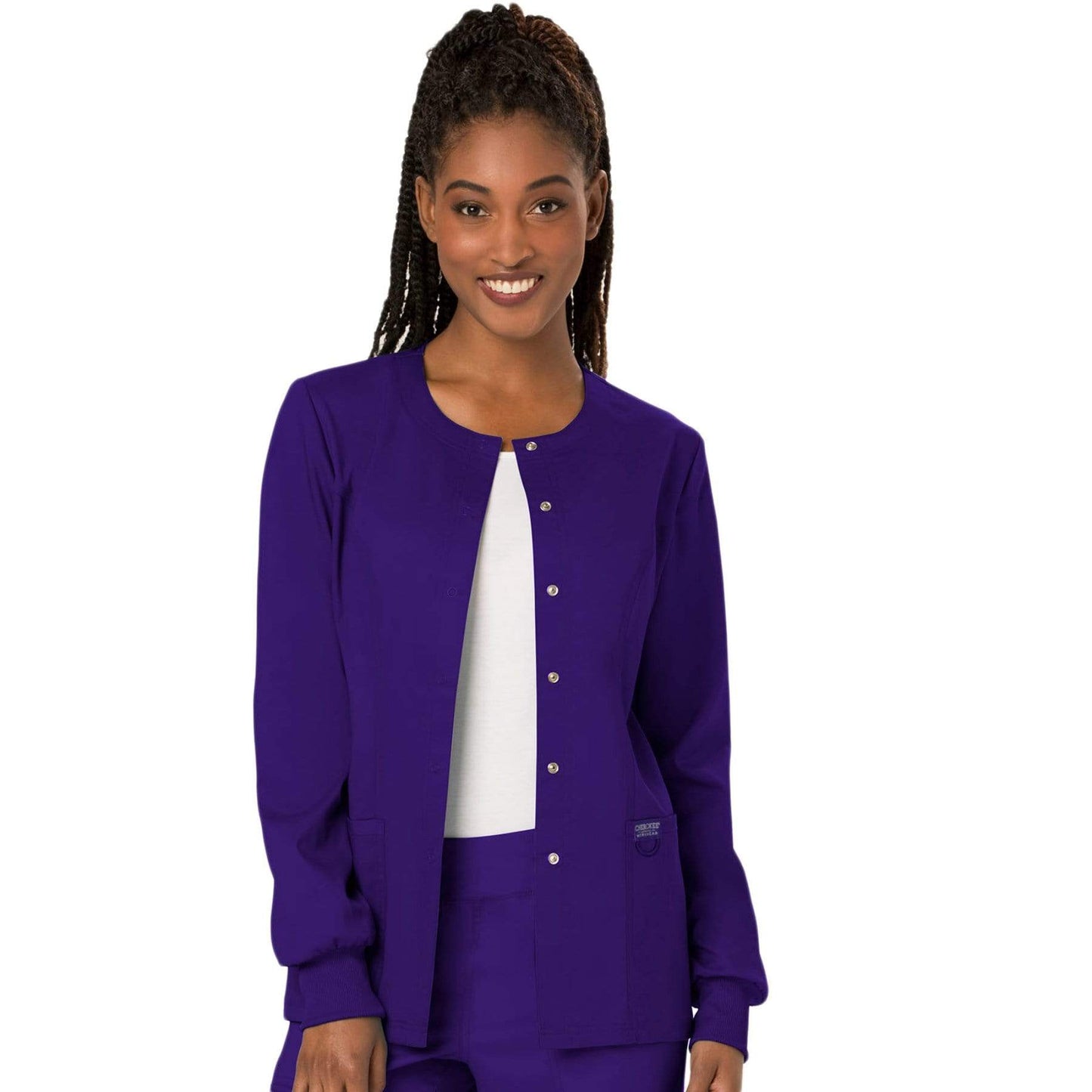 Cherokee Scrubs Jacket Cherokee Workwear Revolution WW310 Scrubs Jacket Women's Snap Front Warm-up Grape