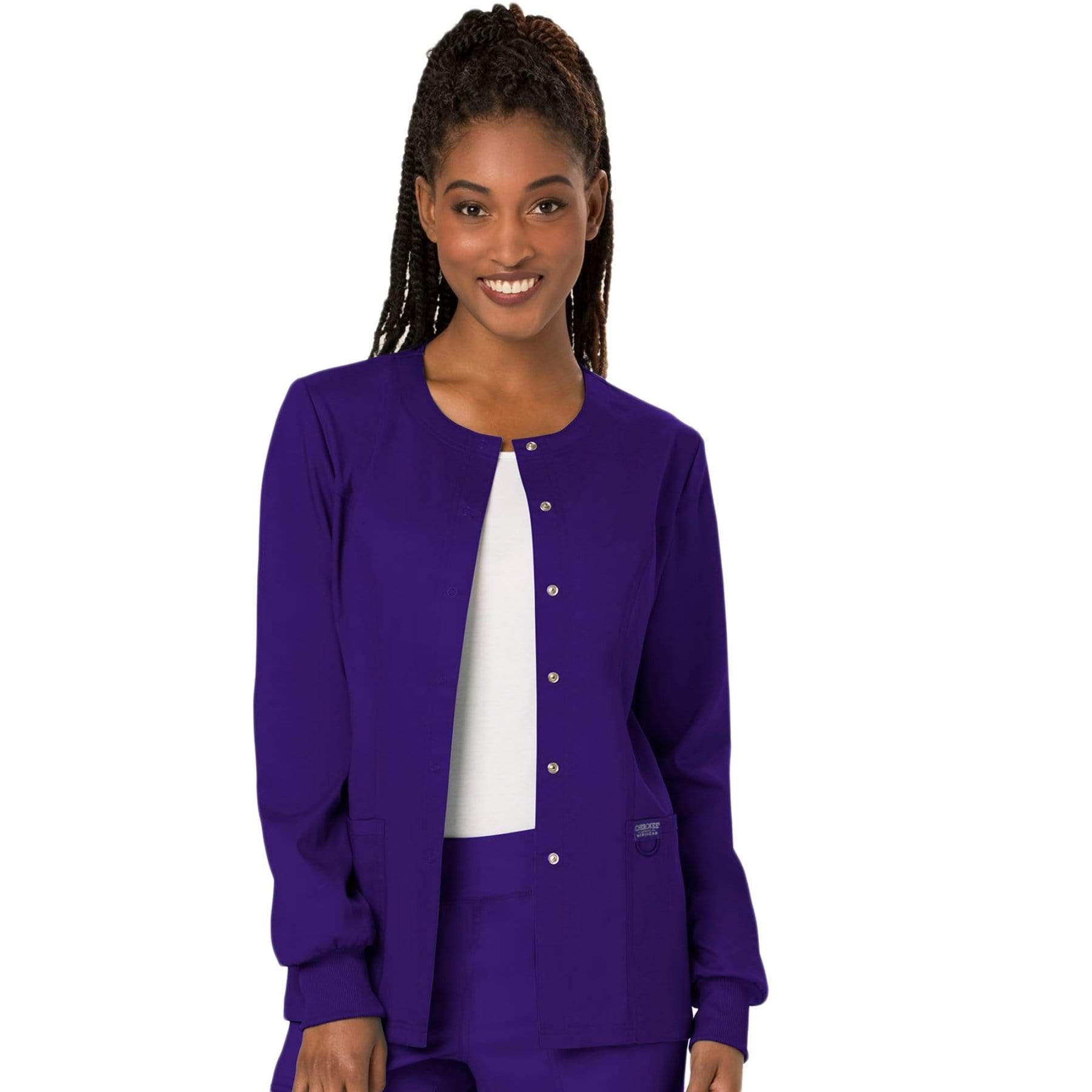 Cherokee Scrubs Jacket Cherokee Workwear Revolution WW310 Scrubs Jacket Women's Snap Front Warm-up Grape