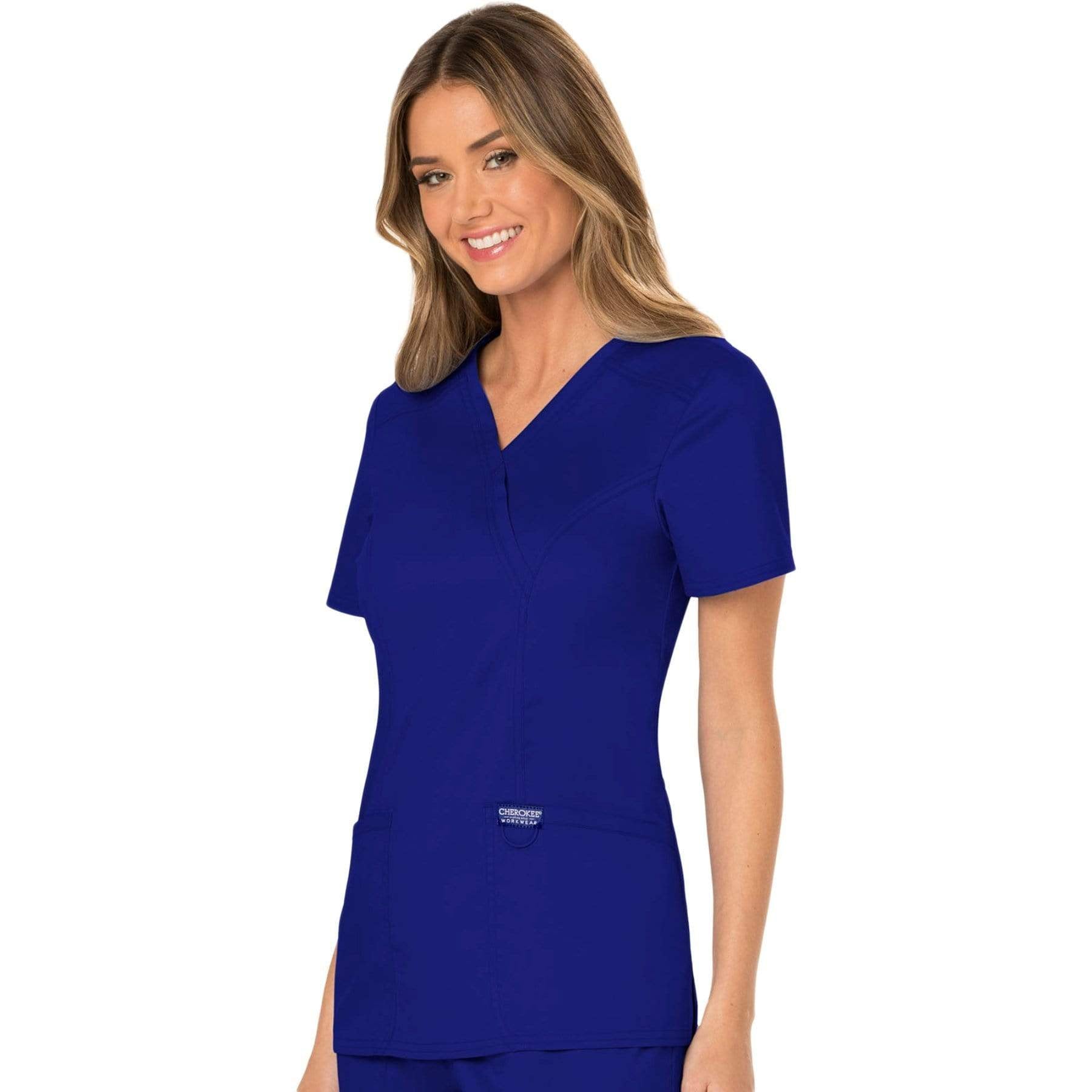 Cherokee Scrubs Top Cherokee Workwear Revolution WW610 Scrubs Top Women's Mock Wrap Galaxy Blue