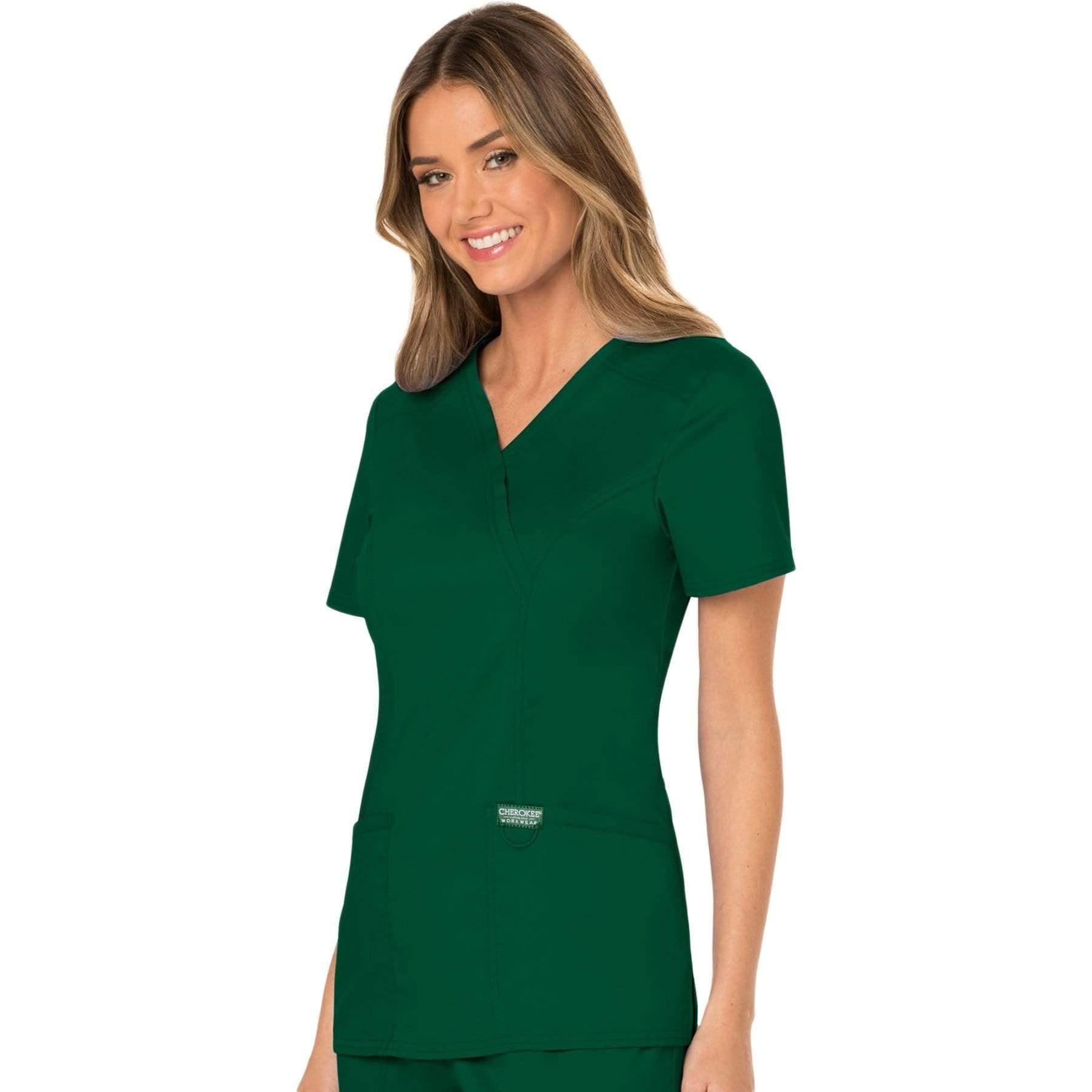 Cherokee Scrubs Top Cherokee Workwear Revolution WW610 Scrubs Top Women's Mock Wrap Hunter Green