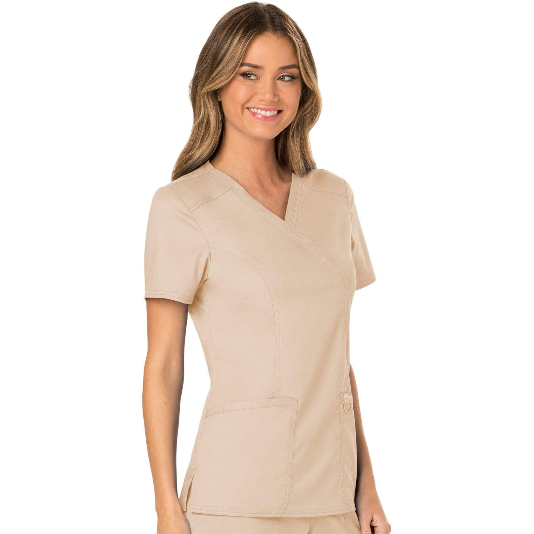 Cherokee Scrubs Top Cherokee Workwear Revolution WW610 Scrubs Top Women's Mock Wrap Khaki