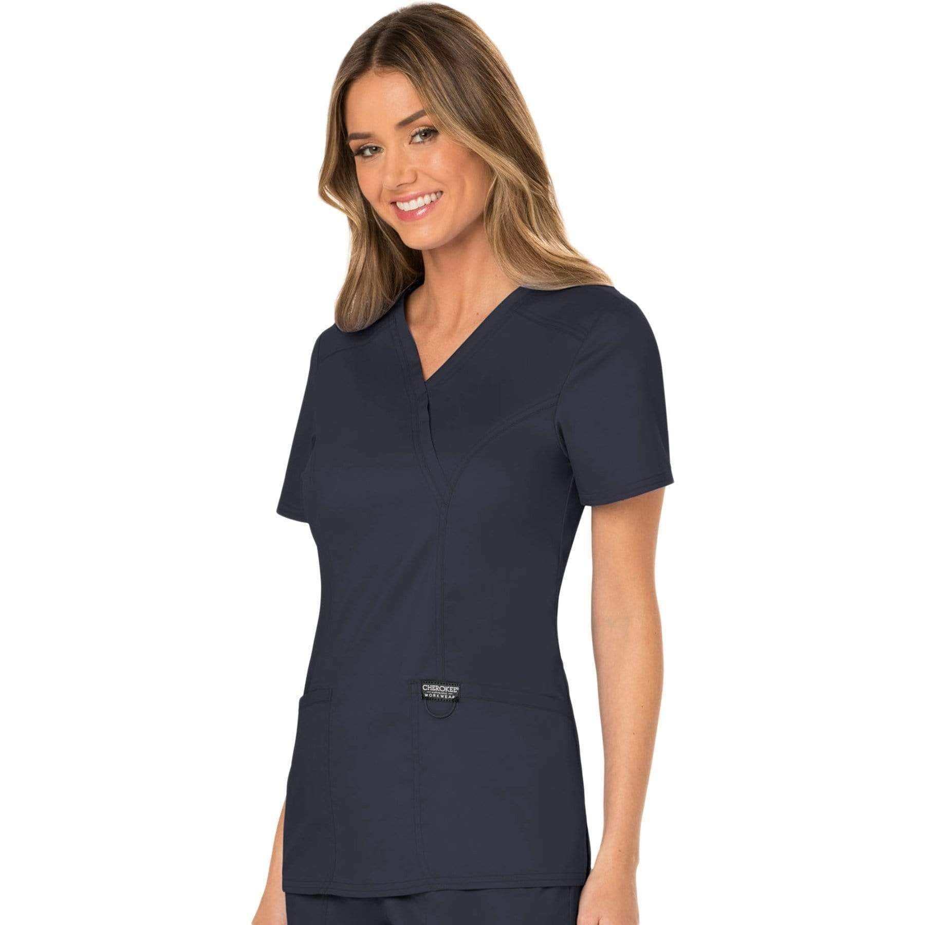 Cherokee Scrubs Top Cherokee Workwear Revolution WW610 Scrubs Top Women's Mock Wrap Pewter