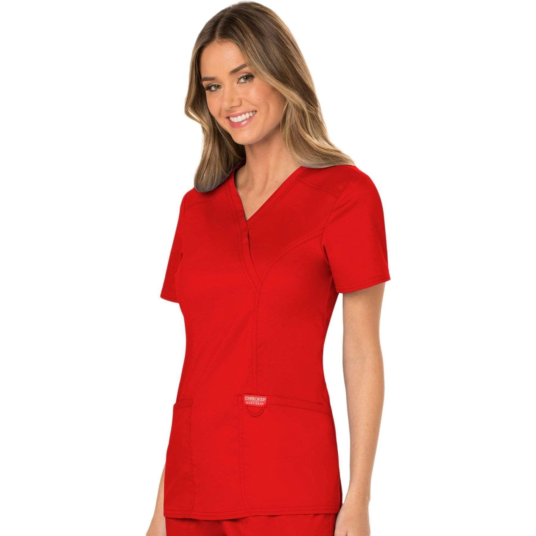 Cherokee Scrubs Top Cherokee Workwear Revolution WW610 Scrubs Top Women's Mock Wrap Red