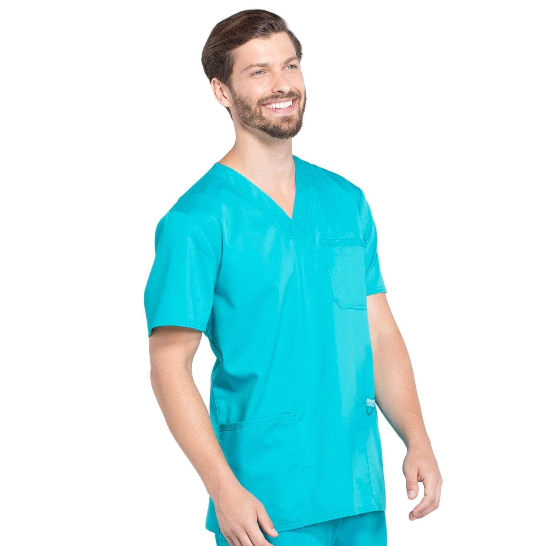 Cherokee Scrubs Top Cherokee Workwear Revolution WW670 Scrubs Top Men's V-Neck Teal Blue